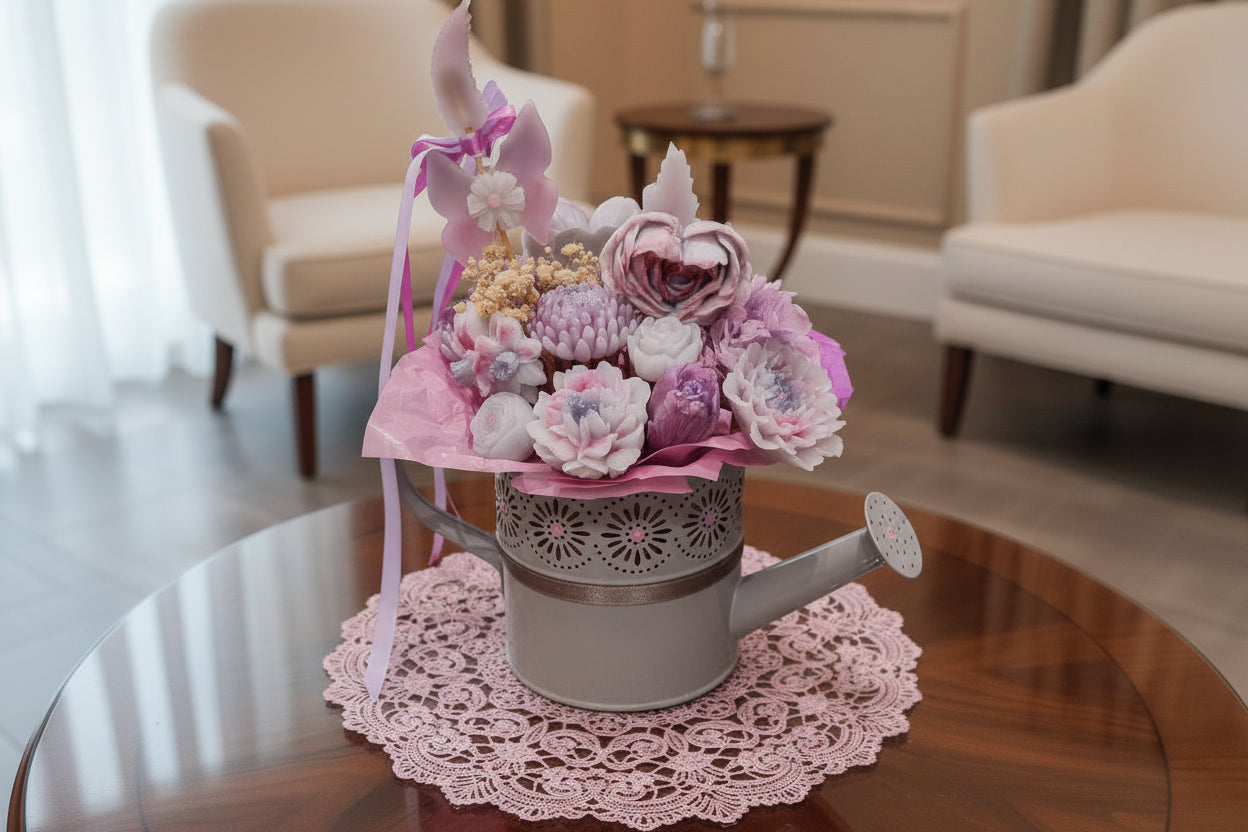 Bouquet💜 "Violaine"💜 - Composition florale dans arrosoir avec strass rose🌸