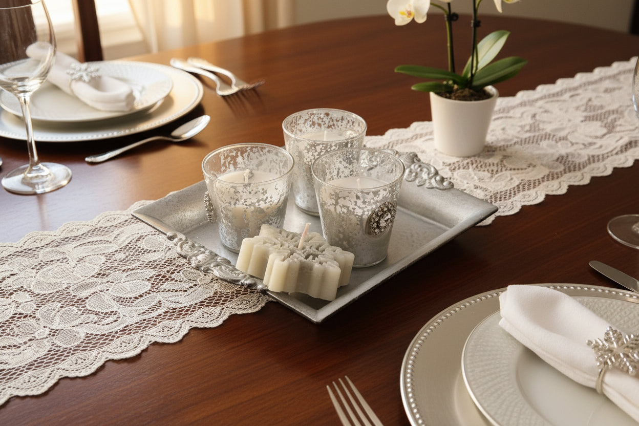 Centre de table argenté avec photophores "diamant" - Composition festive