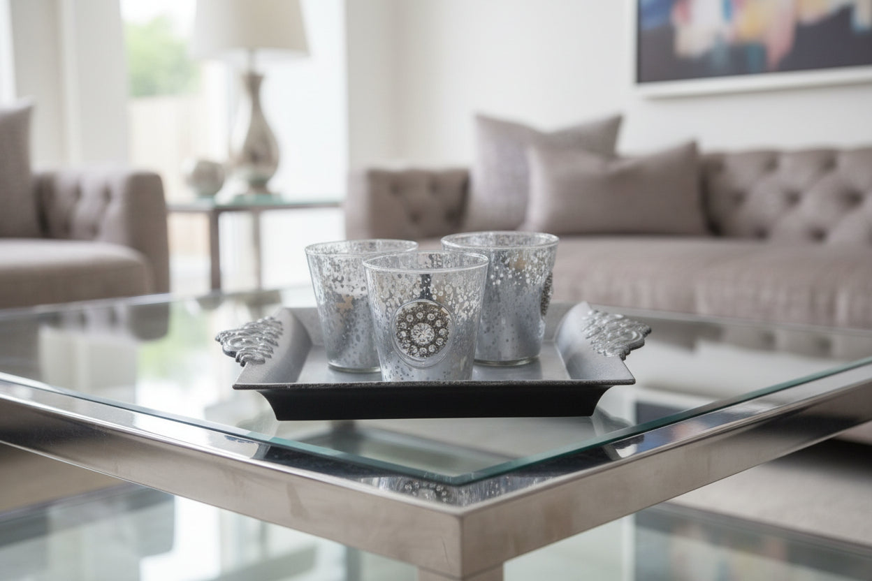 Centre de table argenté avec photophores "diamant" - Composition festive