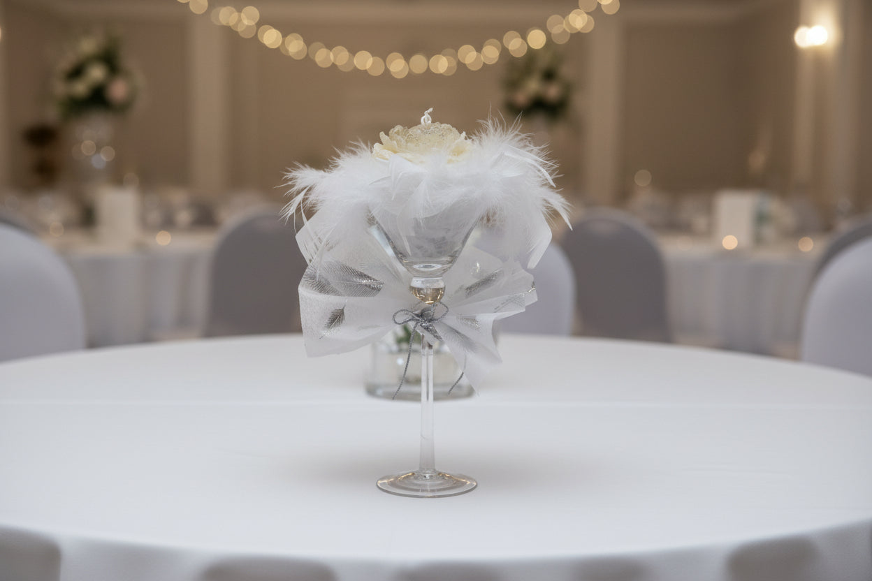 Photophore sur pied - Coupe en cristal 2-en-1 avec plumes blanches
