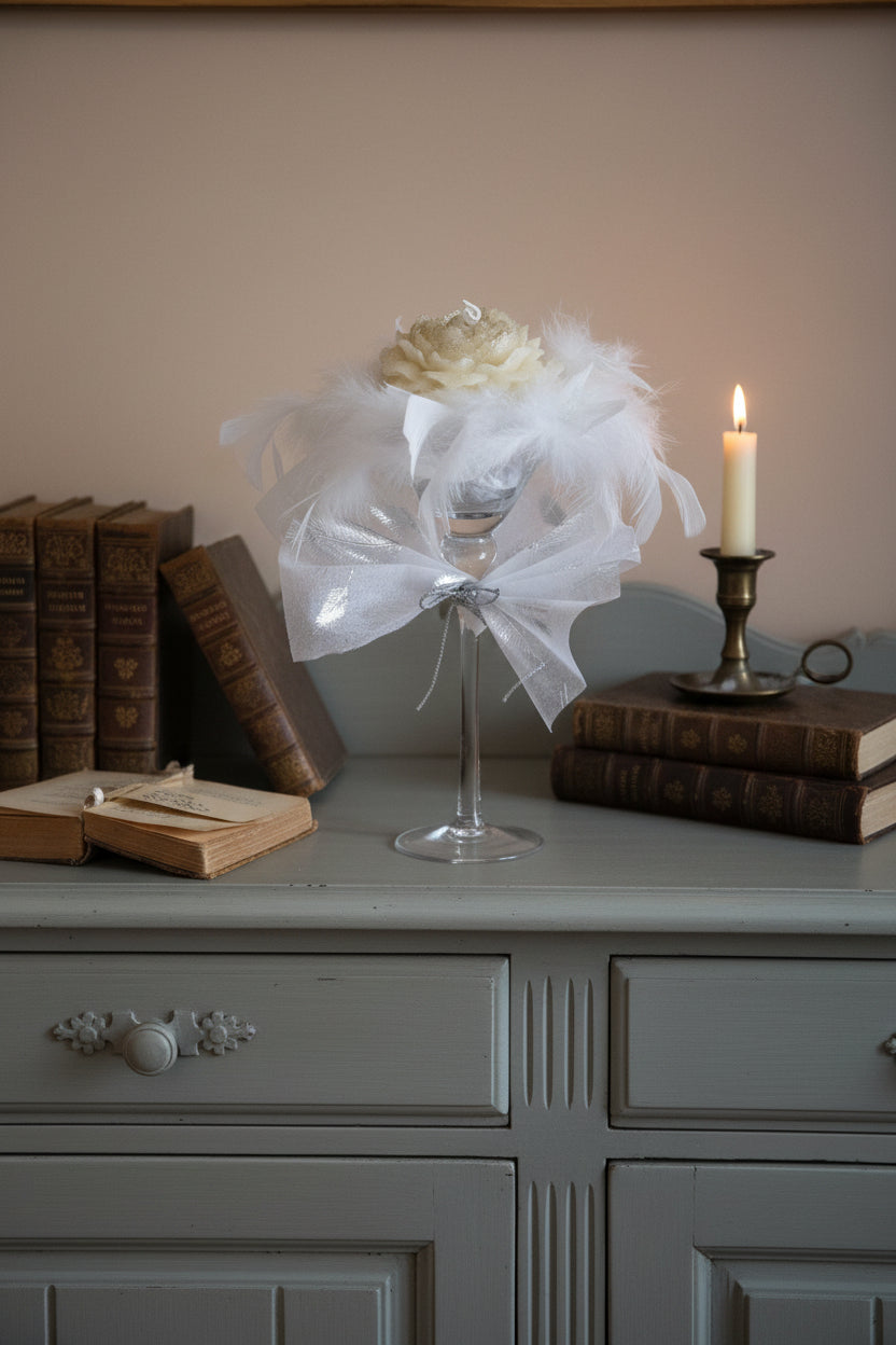 Photophore sur pied - Coupe en cristal 2-en-1 avec plumes blanches