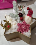 Coffret étoilé doré avec sapin blanc, personnage au bonnet rouge, flocon rose et feuillages décoratifs enneigés.