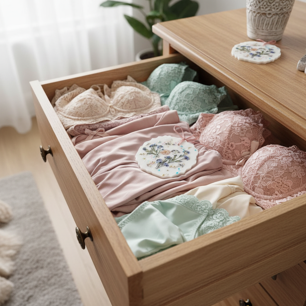 Suspension Myosotis - Fond bleu pâle avec dentelle rose